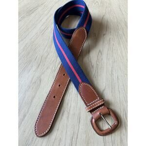 VTG J. Crew Belt 32 Canvas Leather Blue Red Stripe Brass Buckle Nautical MINT!!!